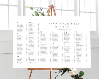 Minimalistische stoelindelingsjabloon, alfabetische stoelindeling, bewerkbare trouwposter, moderne bruiloftstafel, afdrukbare plattegrond
