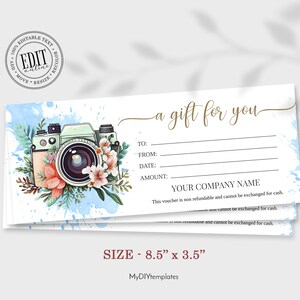 Modelo de vale-presente fotográfico, certificado de marketing para impressão, vale-presente para sessão de fotos, vale-presente editável, modelo para impressão