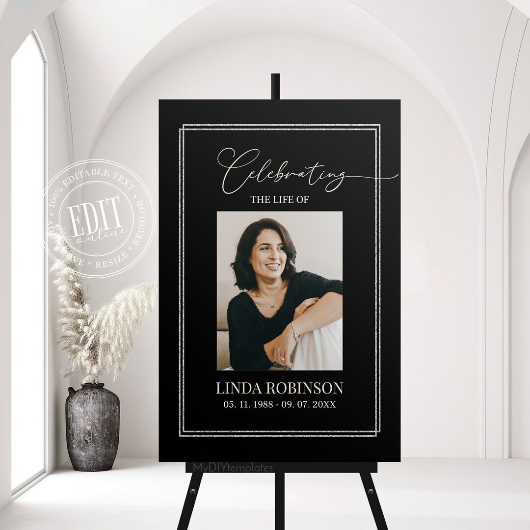 Black and Gold Funeral Sign Template, Celebration of Life, Simple Funeral Poster Photo