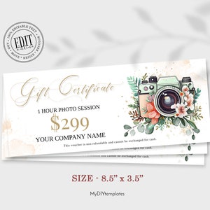 Photography Gift Certificate Template, Editable Gift Card, Printable Marketing Certificate, Photo Session Voucher Card, Printable Template