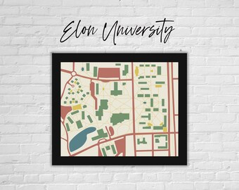 Elon University Elon, North Carolina - College University Campus Map Illustration - Unique Dorm Alma Mater Art Print