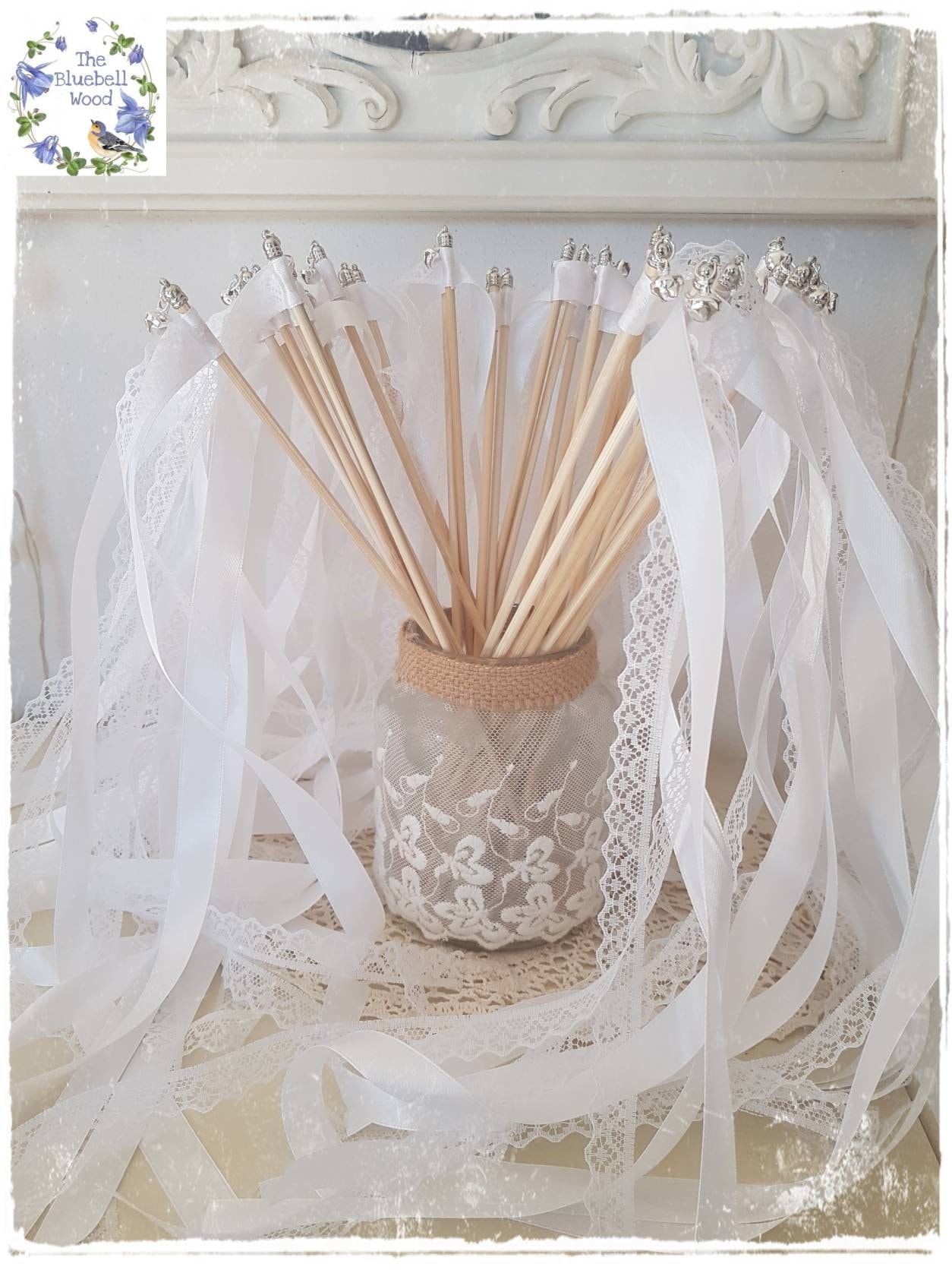 Wedding Wands / Wedding Ribbon Wands / Wedding Bells / Wedding /ivory /  Lace /wedding Favors / 