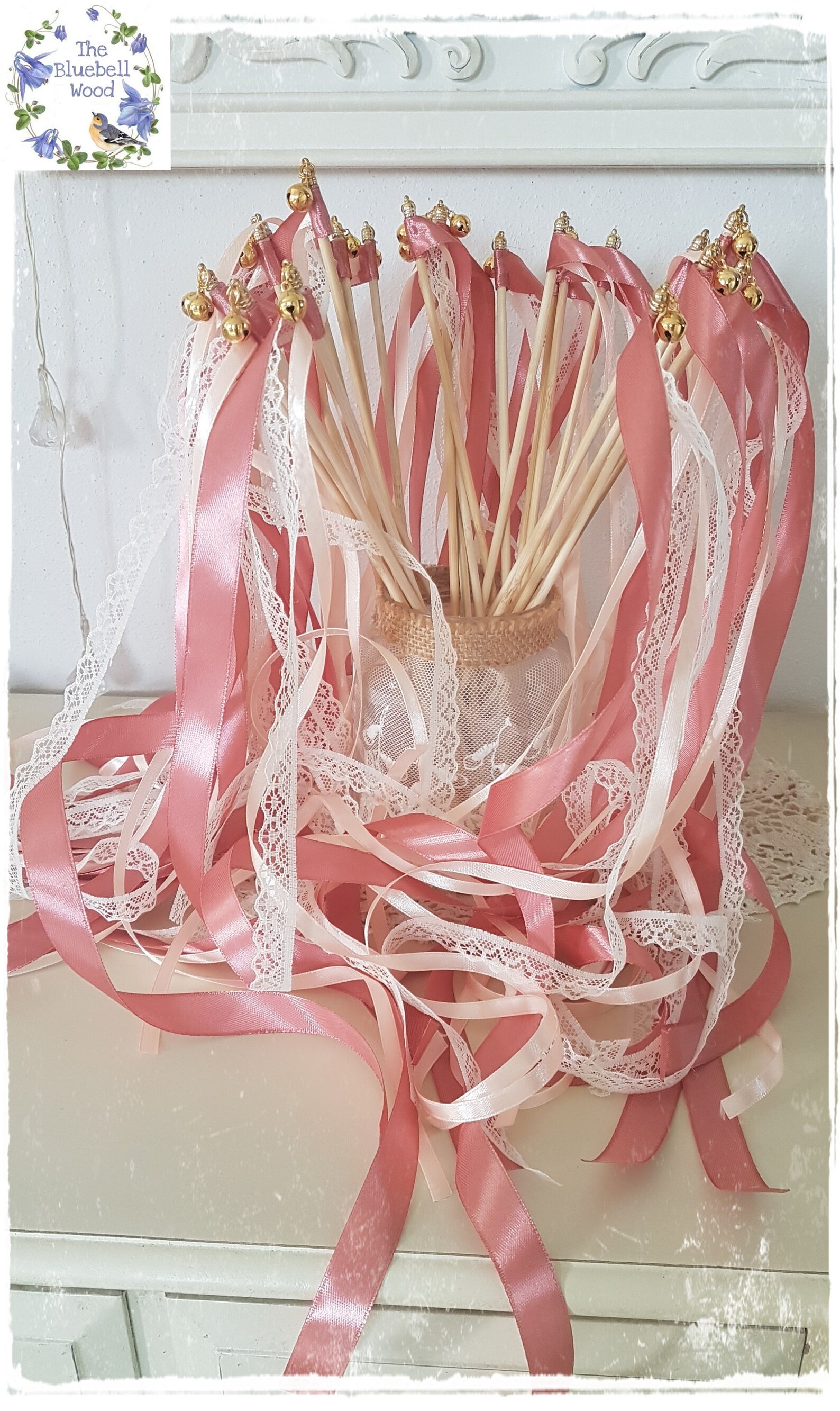 Wedding Wands / wedding ribbon wands / wedding bell / Pink/ Etsy