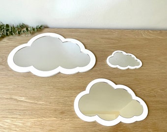 Cloud Wall Mirrors, Set of 3 - Shatterproof Nursery and Kids' Room Decor - Available in Various Colours - Great Gift Idea.