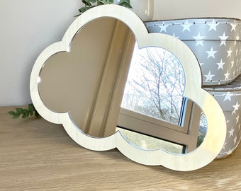 Natural Wooden Cloud Acrylic Wall Mirror, Natural, Nursery Decor, Kids Mirror, Wall Decor, Gift