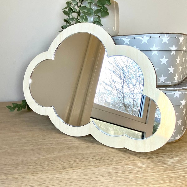 Natural Wooden Cloud Acrylic Wall Mirror, Natural, Nursery Decor, Kids Mirror, Wall Decor, Gift