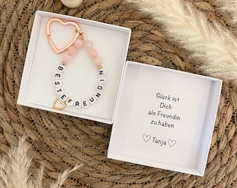 Best friend gift heart keychain rose gold with rose quartz beads Christmas birthday