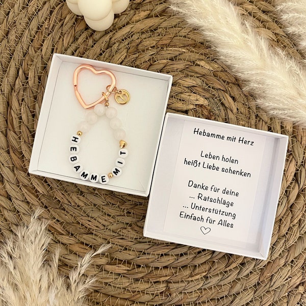 Geschenk Hebamme Herz-Schlüsselanhänger in Rosegold oder Silber mit Jadeperlen Geschenk Abschiedsgeschenk Hebamme mit Herz Geburt Baby