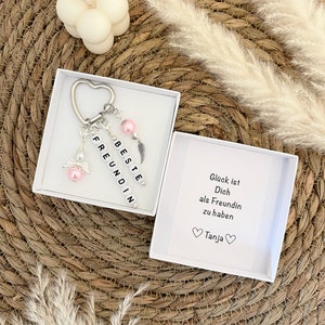 Best friend gift keychain with guardian angel pearl angel lucky charm personalized in silver