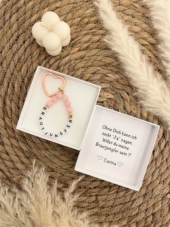 Brautjungfer Herz-Schlüsselanhänger Rosegold oder Silber mit Rosenquarz Perlen in Geschenkbox Geschenk Hochzeit Brautjungfer fragen