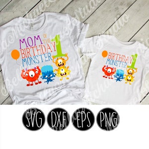 May include: Two white t-shirts with a birthday monster theme. The larger shirt says "Mom of the Birthday Monster" with a number one and four colorful monsters. The smaller shirt says "Birthday Monster" with a number one and three colorful monsters.