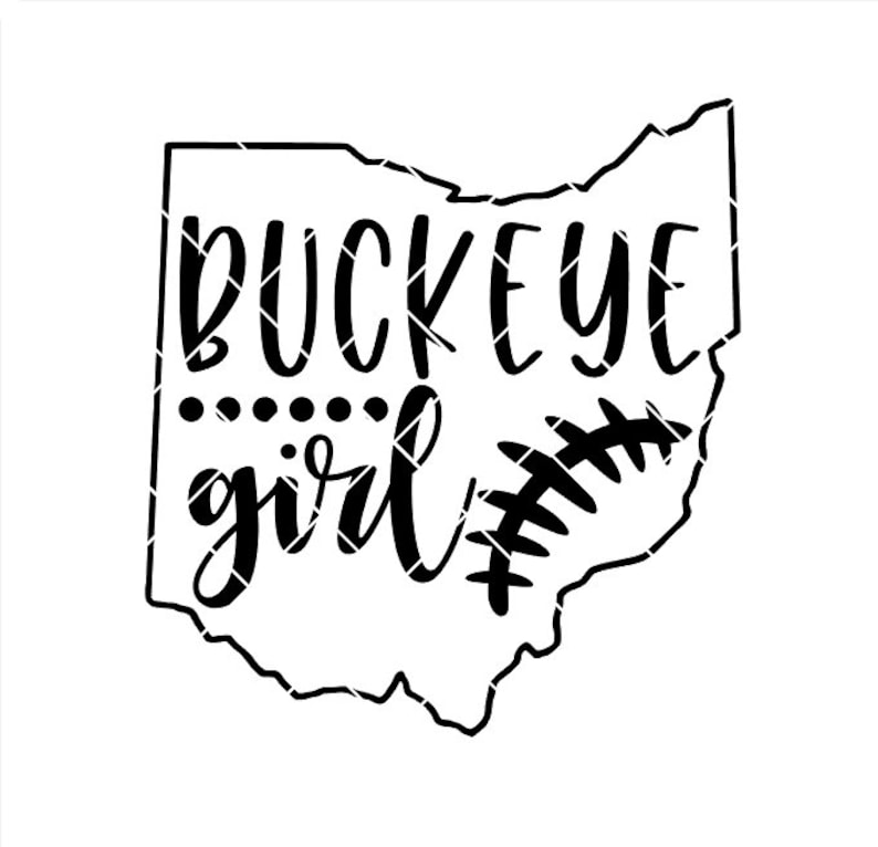 May include: Black and white graphic design of the state of Ohio with the text "Buckeye girl" and a football stitch design.