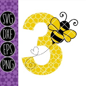 May include: A yellow number three with a honeycomb pattern and a black and yellow bee flying next to it.