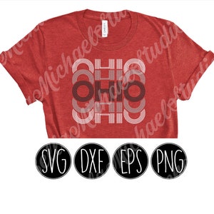 May include: Red t-shirt with a graphic design of the word "OHIO" in black and white with a retro style. The design is made up of overlapping circles and lines. The shirt is available in SVG, DXF, EPS, and PNG formats.