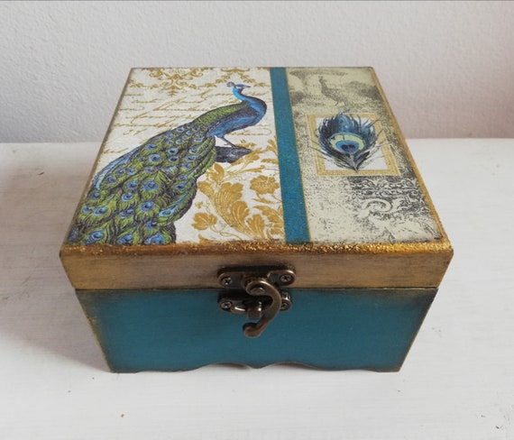 Small Organizer Box Small Decoupage Vintage Keepsake Box Peacock