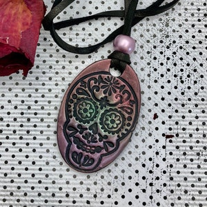 Sugar Skull Necklace, Skull Polymer Clay Pendant - Day of the Dead Necklace, Día de Muertos, Candy Skull, Steampunk, Punk Skull, Rockabilly