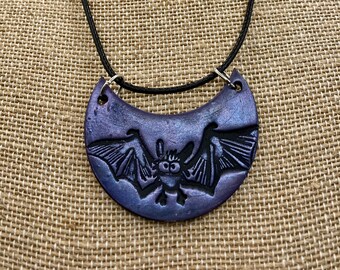 Bat Necklace - Polymer Clay Bat Pendant -Gothic Necklace - Handmade Halloween Jewelry