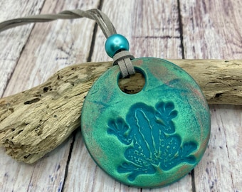 Handmade Polymer Clay Frog Pendant Necklace - Mica Powder Finish