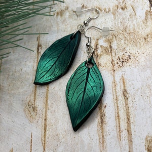 Green Leaf Earrings,  Botanical Leaf Pressed Clay Earrings, Lightweight Handmade Jewelry
