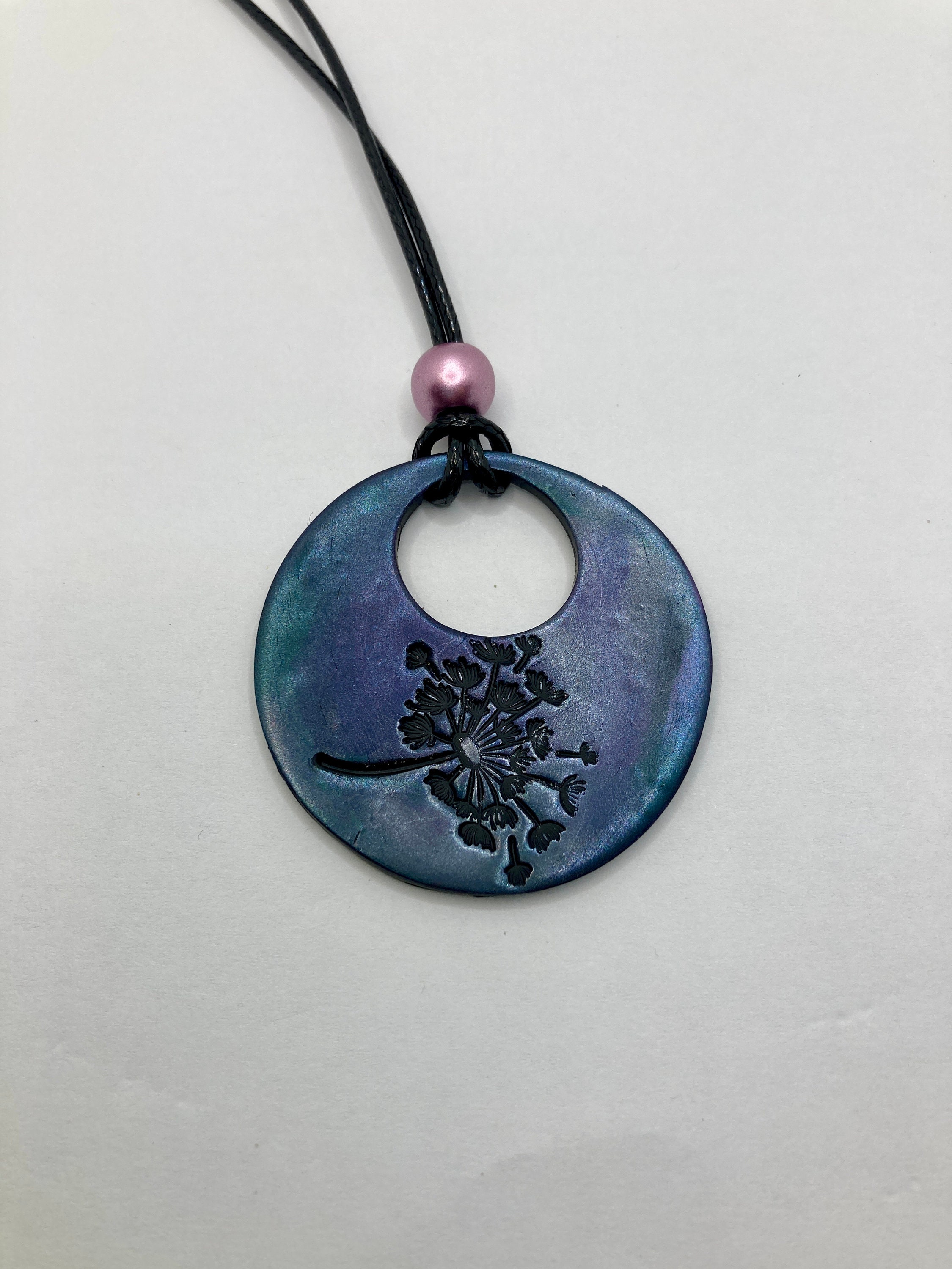 Hand Stamped Dandelion Necklace - Wild Flower Pendant - Clay