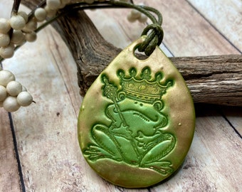 Frog Prince Necklace, Polymer Clay Frog Pendant, Magical Fantasy Charm, Handmade Jewelry