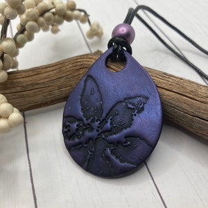 Purple Flower Clay Pendant - Boho Necklace - Teardrop Flower Charm -Handmade Jewelry