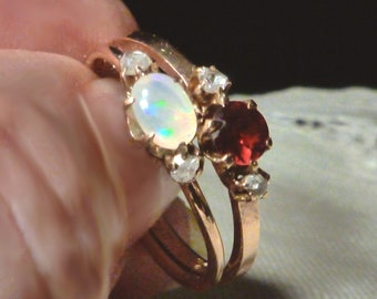 Victorian 14K Opal with Almandine Garnet Rose Cut Diamonds Double Ring