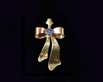 Bow Pendant Two-Tone Gold with Blue Zircon