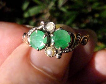14K Emeralds and Pearls Victorian Rose Gold Ring