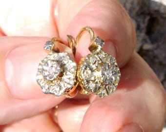 French 18K Gold Earrings Rose Cut Diamonds Daisy Pattern
