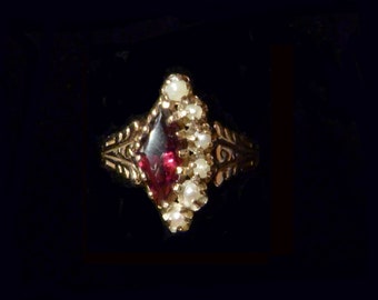 Victorian 14K Garnet and Seed Pearls Ring