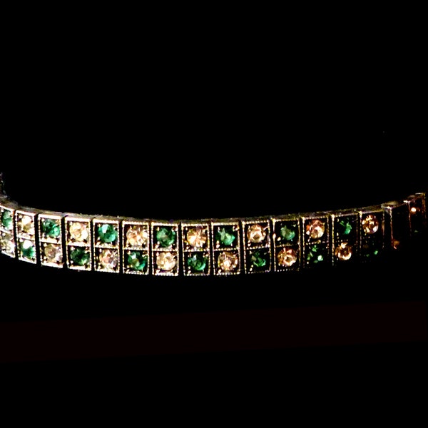 Art Deco Sterling Green & Clear   Rhinestones Bracelet