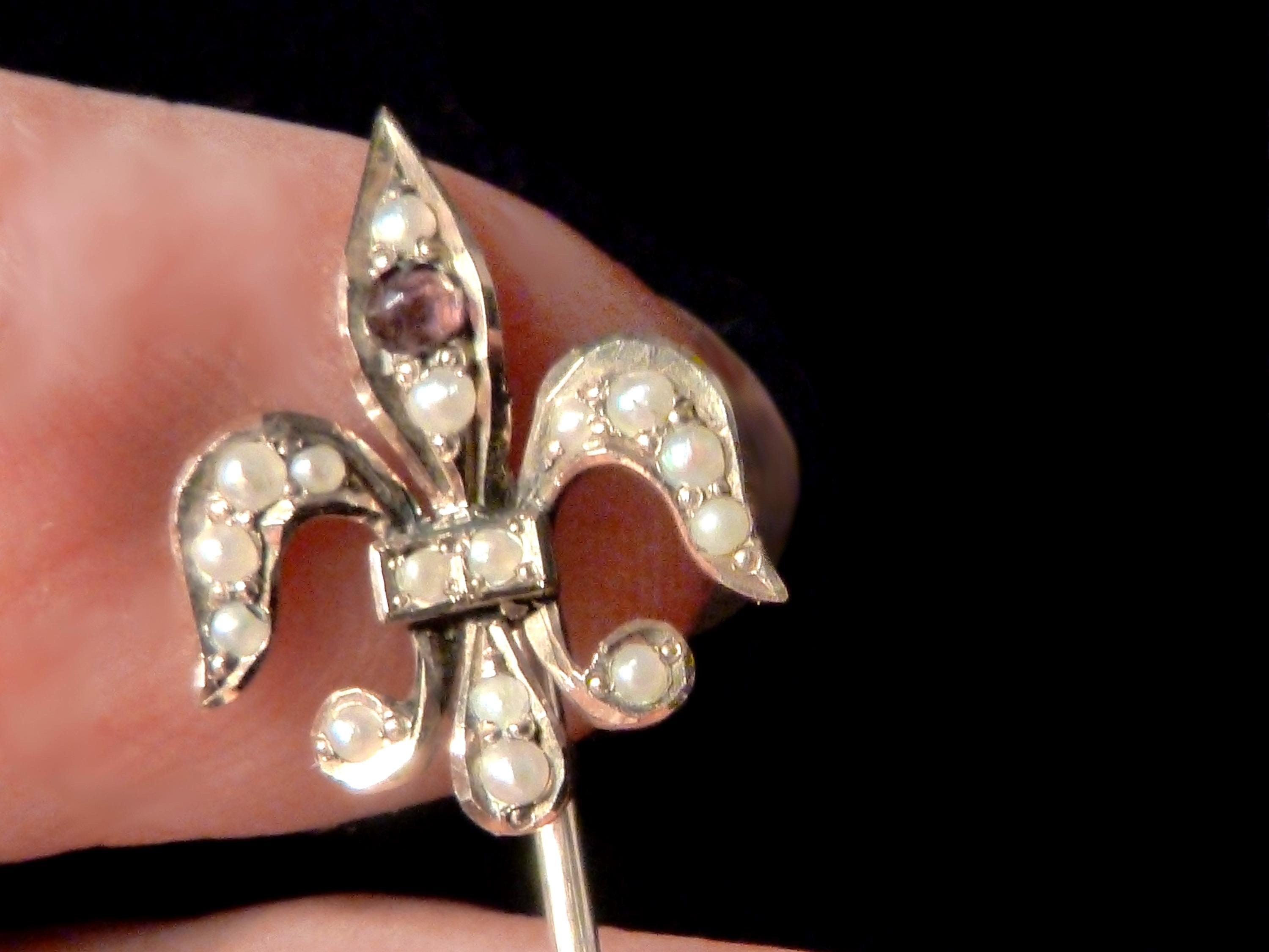 Victorian 10K Fleur-De-Lis Stickpin Amethyst Stone and Seed Pearls