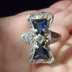 1920s Art Deco Sterling Silver Filagree with Blue Glass Ring