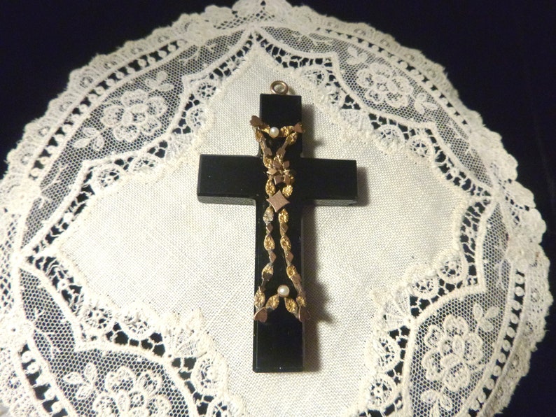 Victorian Jet Cross with Hearts, Arrows, and Pearls image 4