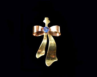 Bow Pendant Two-Tone Gold with Blue Zircon