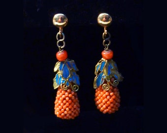 Coral and Kingfisher Chinese Earrings 1800s-1900s