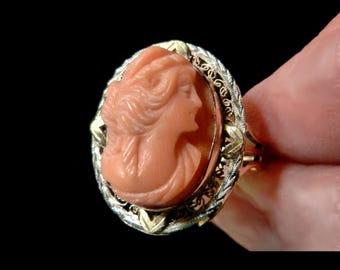 14K Victorian  High Relief Coral Cameo Ring