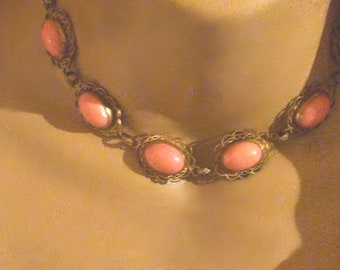 Czechoslovakia Gilt and Glass Cabochons Choker Necklace