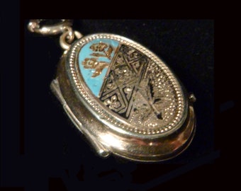 Victorian Gold Filled Blue Enamel Taille d'Epargne Locket 1880s