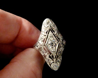 Art Deco Platinum 1920s Diamond and Filagree Shield Ring