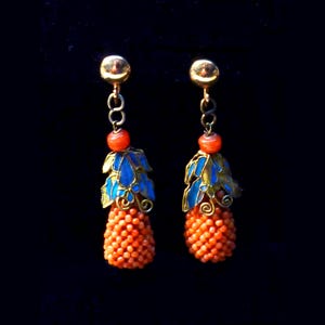 Coral and Kingfisher Chinese Earrings 1800s-1900s