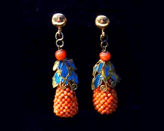 Coral and Kingfisher Chinese Earrings 1800s-1900s
