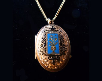 Victorian Taille d' Epargne 1880s Oval Locket with Chain and Photo