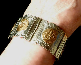 Taxco Sterling Aztec Mayan Hinged Bracelet Mexico 1940s