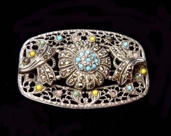 Art Deco Marcasite Sterling Brooch with  Colored Beads