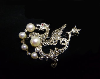Sterling Marcasite Phoenix with Pearls Brooch 1910s-1920s