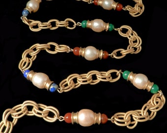 Gemstone Necklace with Double Gold Links Egyptian Revival