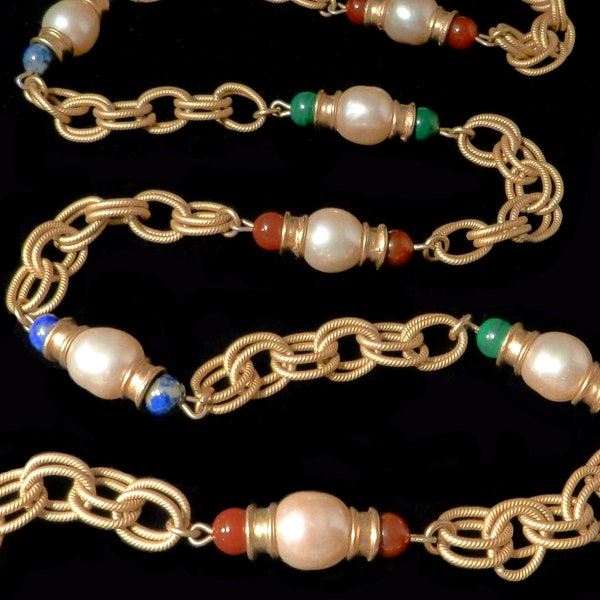 Gemstone Necklace with Double Gold Links Egyptian Revival