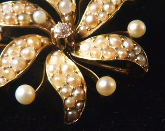 18K Diamond and Seed Pearl Victorian Brooch